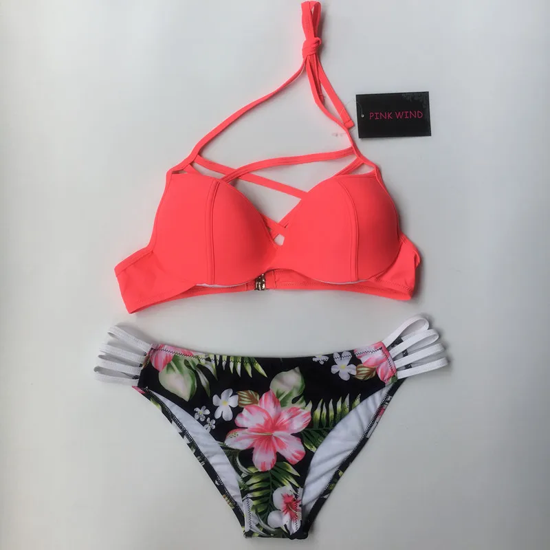Sexy Neon Red Floral Micro Bikini Criss Cross Swimwear Women Brazilian