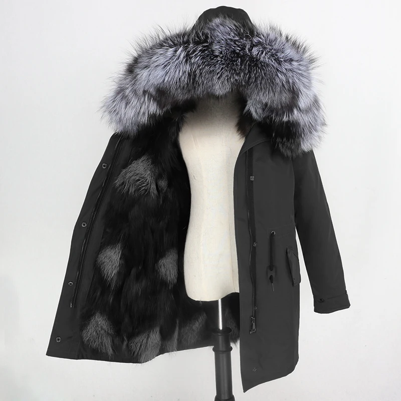 Длинная парка из натурального меха, бренд, водонепроницаемая куртка, зимняя куртка для женщин, натуральный Лисий мех, съемная Толстая теплая верхняя одежда, уличная одежда - Цвет: black silver3