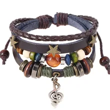 Pulseras de cuentas Vintage para hombres mujeres 4 capas mano Musical cuerda trenzada de cuero brazalete encanto Pulseras cadena ajustable regalos