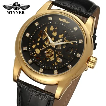

Stylish WINNER Skeleton Black Dial high-end clear stones Alloy Case watches men luxury brand saat automatic movt /WRG8097M3G3