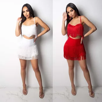 

Summer Women Suits Sexy Nightclub Strap Tassel Mini Skirt Two-piece Girls Outfits 2 Piece Sets Red Ladies Clothing Female Hot