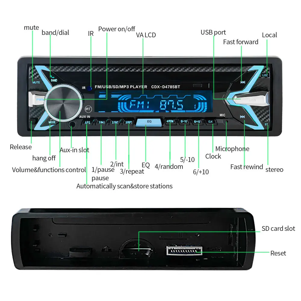 Podofo Авторадио D4785 авто стерео 1 Din автомагнитола 12 В Bluetooth FM Aux вход приемник автомобильный аудио SD USB MP3 плеер WMA рекордер