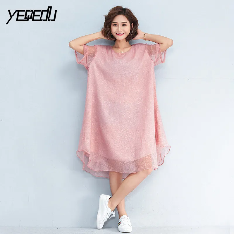 

#1712 Black Chiffon Dresses Women Thin Big size Loose Split Joint Perspective Patchwork O-neck Short Sleeve Tide