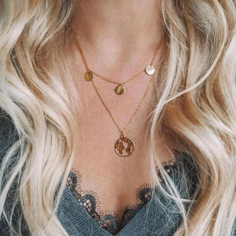 

Bohemia Retro Gold Hollow World Map Round Pendant Multilayer Necklace Girl Charm Gift Set Summer Beach Accessories