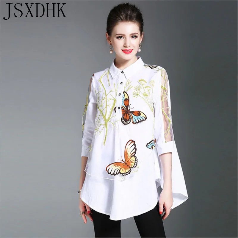 

JSXDHK Vestidos Summer Shirt Top 2019 Plus Size Women Loose Printing Butterfly Mesh Patchwork Three Quarter Female Long Blouse