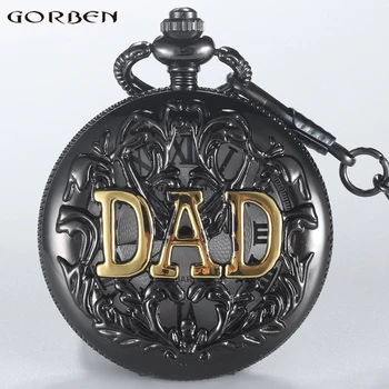 

New Arrival Hollow DAD Pattern Quartz Pocket Watch Retro Roman Number Dial Men's Fob Watches Best Daddy's Gifts Father's Watches