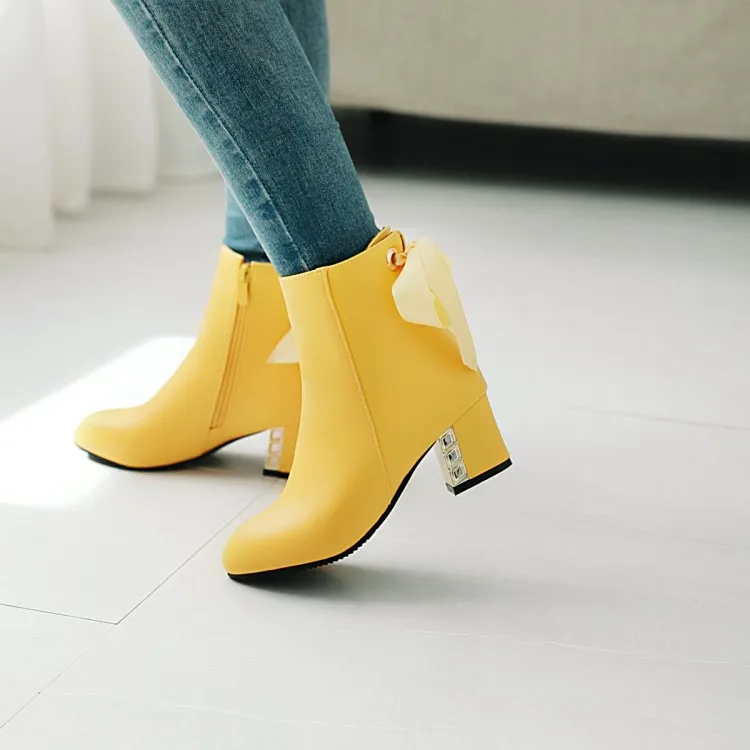 

Women's Riband Bow Ankle Chelsea Boots Causal Sweet Pointed Toe Zipper Up Ladies Shoes CerdaChic Fashion Winter Yellow White