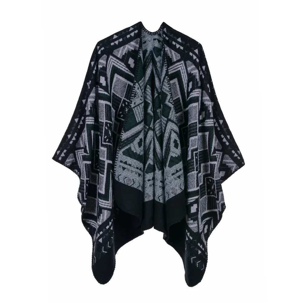 Ethnic Style Geometric Print Poncho Cashmere Scarves Women Winter Warm Shawls Wraps Brand Designer Pashmina Thick Capes Femme