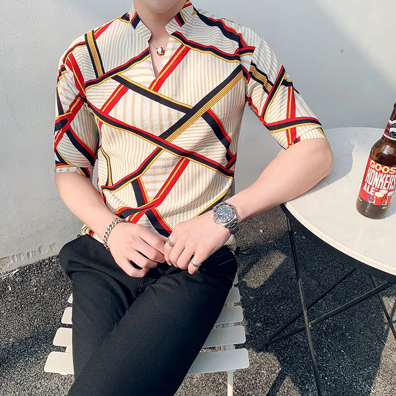 فضفاض هندسية كتلة المطبوعة قصيرة الأكمام قميص للرجال 2118-P55