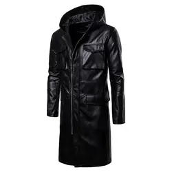 Для мужчин Новые Длинные мотоциклетные сапоги из искусственной кожи байкерская куртка пальто с капюшоном черная верхняя одежда молния Slim