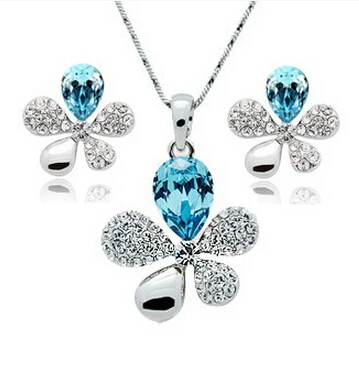 S021 корейской моды сплава кристалл пять листьев травы ожерелье серьги Jewely