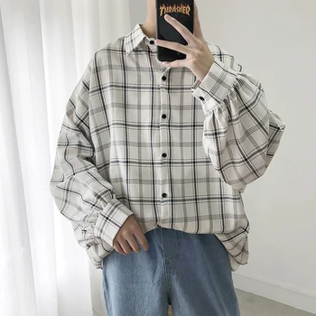 

2019 Autumn Men's Clothing Lattice Printing Hawaiian Shirt Male Long Sleeve Bf Shirt French Cuff Mens Fashion White Shirts M-2XL