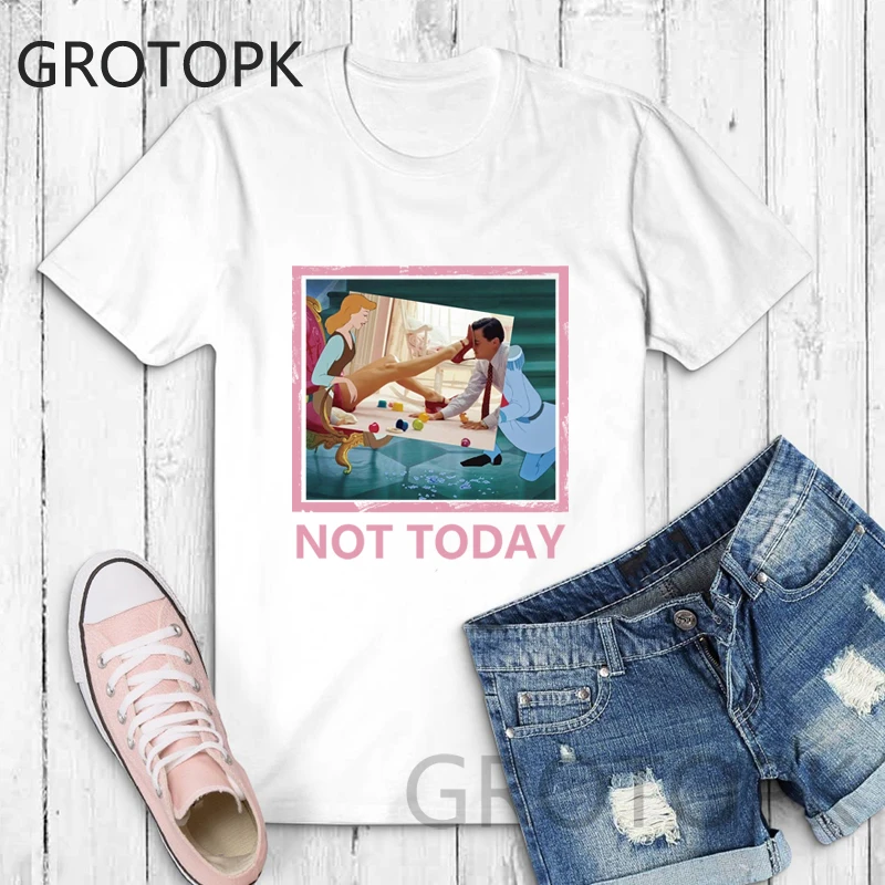 

NOT TODAY Punk Ladies Harajuku T Shirt Spoof Cinderella Cotton O-Neck Sexy Princess T-Shirt Print Casual Short Sleeve Women Tops