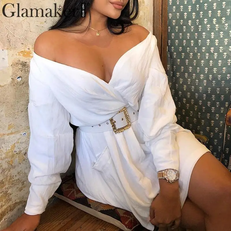 Glamaker Off shoulder long sleeve sexy short dress Summer women solid high waist belt mini dress Female party club dress elegant