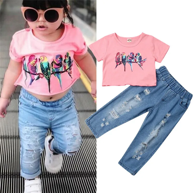 

Kids Baby Girls clothes round neck Short Sleeve Geometry pullover Tops Denim pocket Hole Jeans 2pc Toddler cotton Outfits