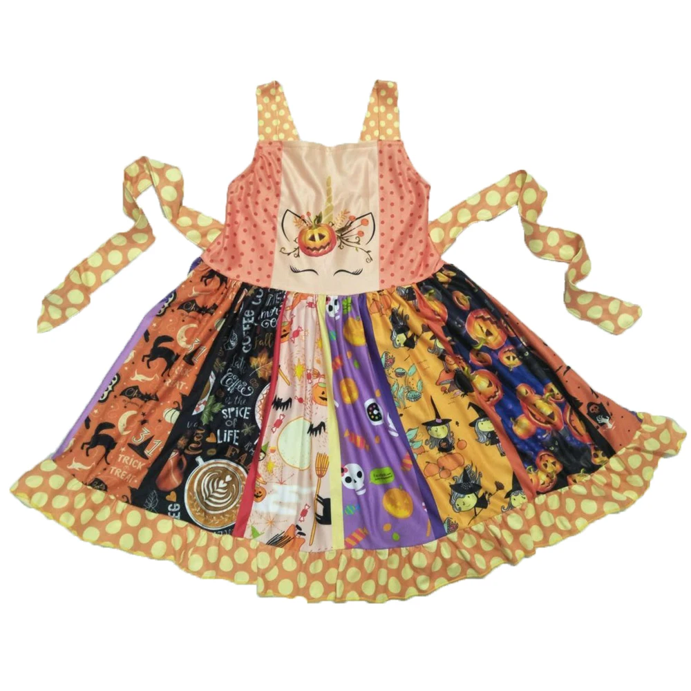 

Halloween Festival Baby Girls Ruffle Twirl Dresses With Wave Point Belt Kids Cute Unicorn Pattern Clothing