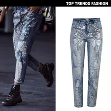 Женские свободные прямые джинсовые брюки Супер Популярные Металлические модные штаны с дырками