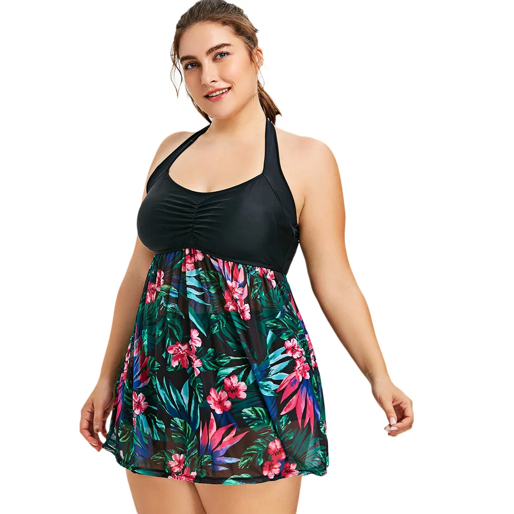 Buy Plus Size Flower Printed Tankini Halter Ruched