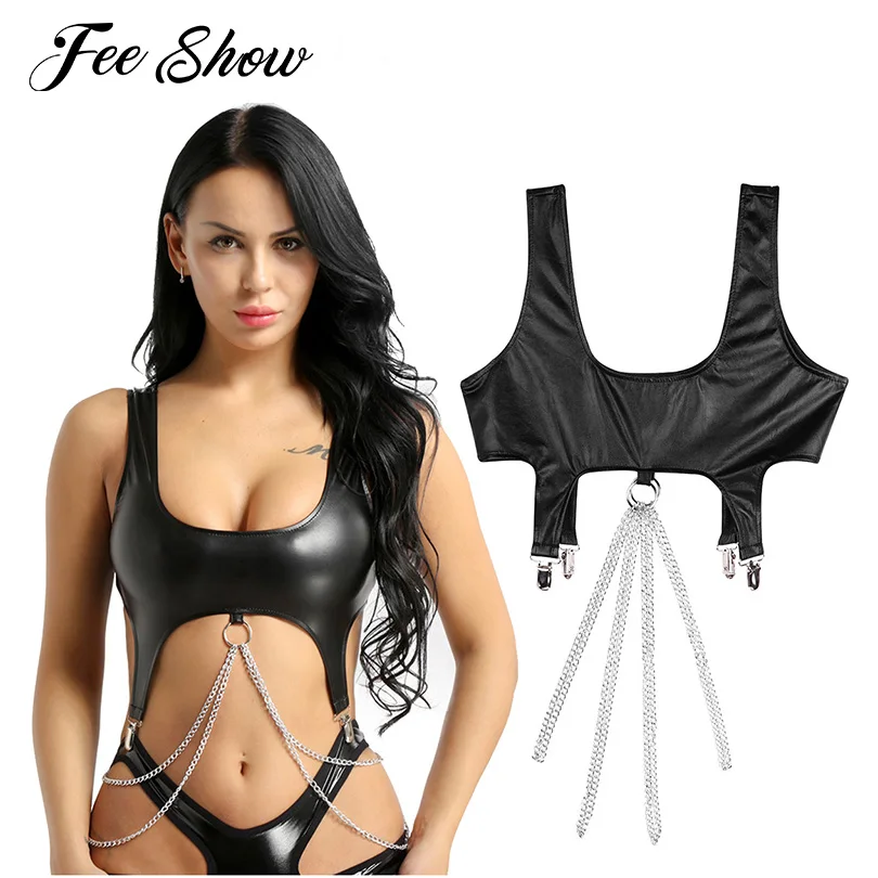 

Womens Sexy PU Leather Bralette Bra Crop Top Wide Shoulder Straps with Metal Tassel Chain and Clips Vest Tank Crop Tops Clubwear