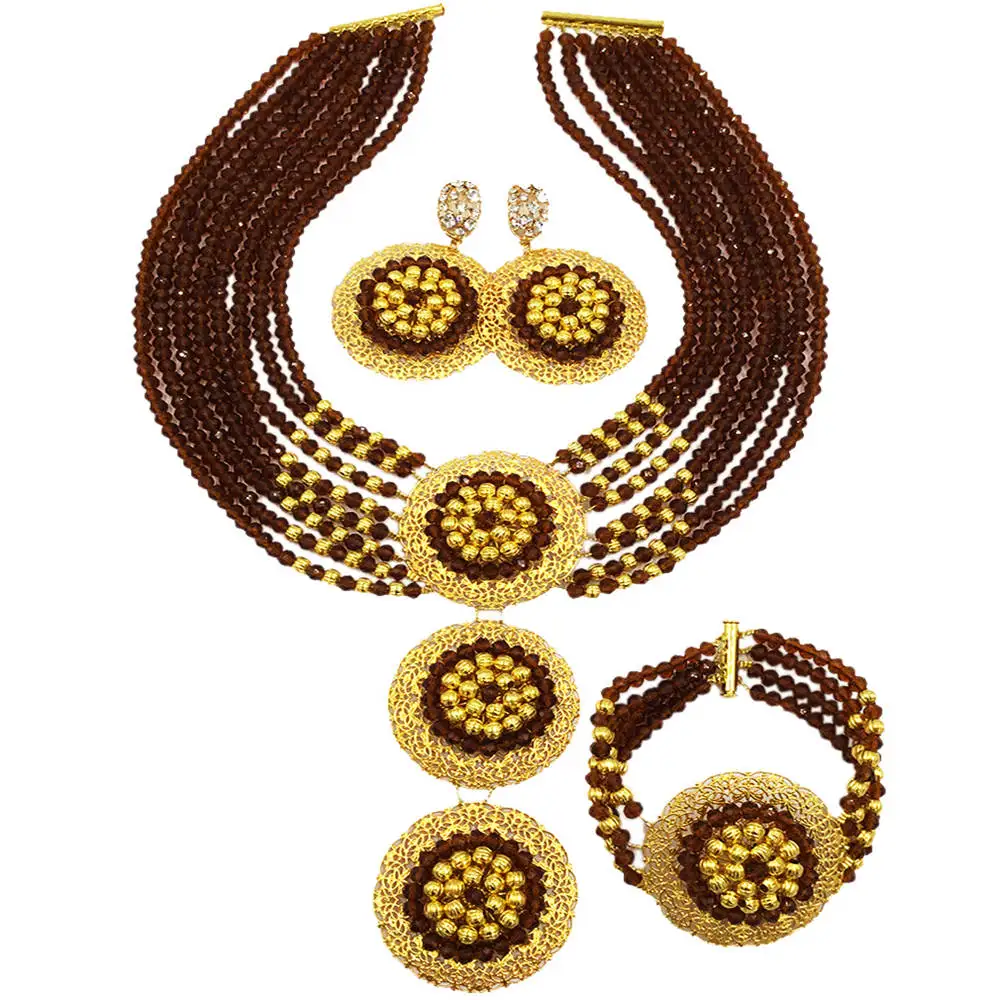 

Brown African Beads Jewelry Set Crystal Beaded Multistrands Necklace Nigerian Wedding Party Jewelry Sets 8C-3PH004