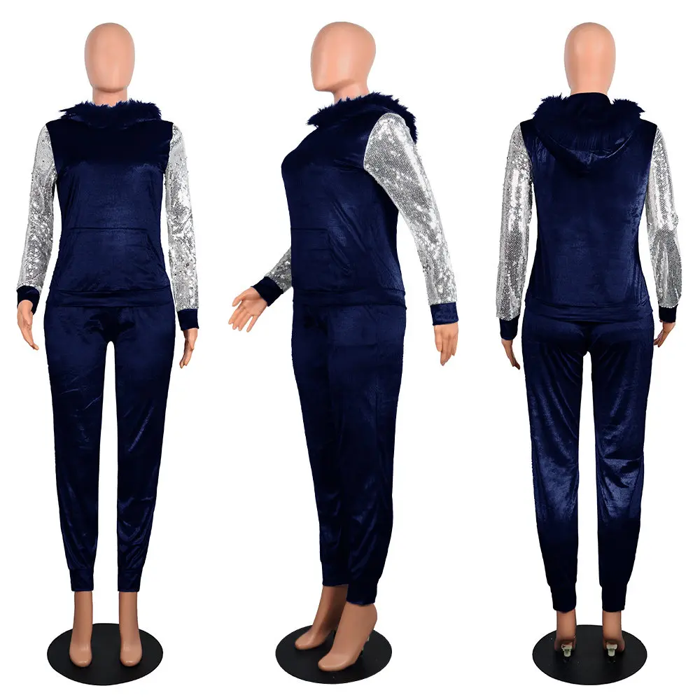 Wjustforu с меховым капюшоном, комплект из двух предметов, женский теплый элегантный бархатный спортивный костюм для женщин, облегающий Модный комплект из двух предметов - Цвет: blue