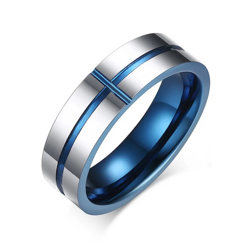 Tungsten Steel Groove Cross Blue Finger Rings Thin Blue Line Tungsten Ring Wedding Pure Tungsten