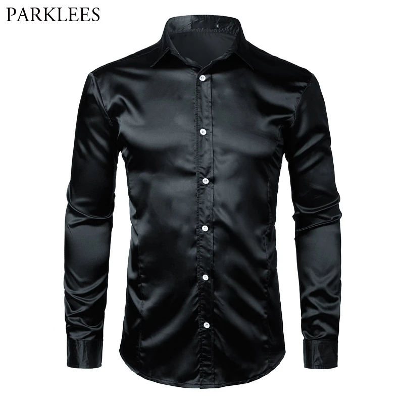 Camisa de satén de seda para hombre, camisas de vestir lisas y esmoquin informal negro, Camisa de boda ajustada de Color sólido|Camisas - AliExpress