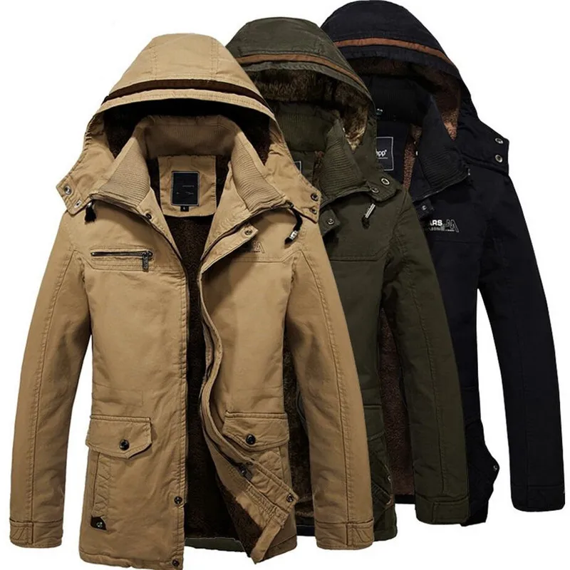 2019 Winter Men's Fur Lined Jacket Long Thick Warm Hooded Parkas Coat Overcoat Casual Cotton