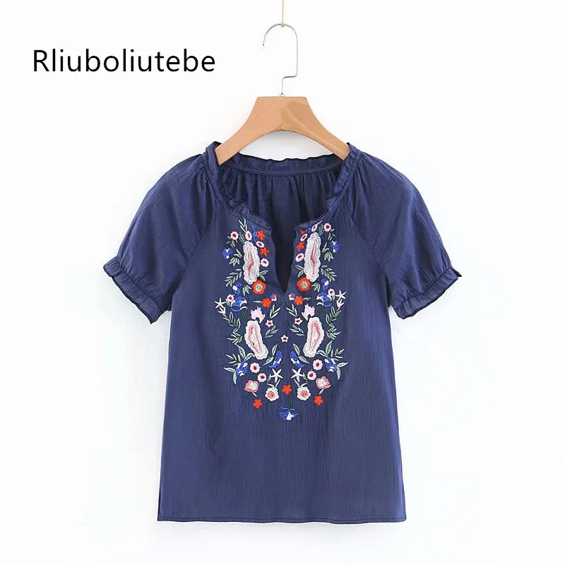 

floral embroidery white blouse short sleeve v-neck shirt women vintage beach tops casual bohemian blouse blue blusas mujer