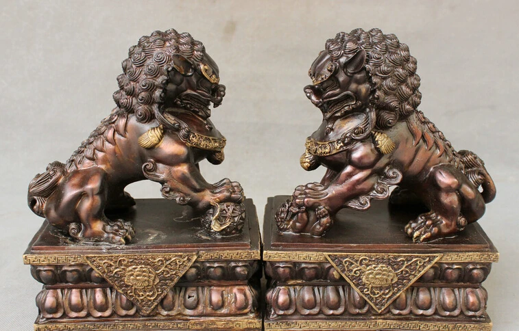 

bi002791 10" Chinese Pure Bronze FengShui Foo Fu Dog Guard Palace Men Lion Statue Pair