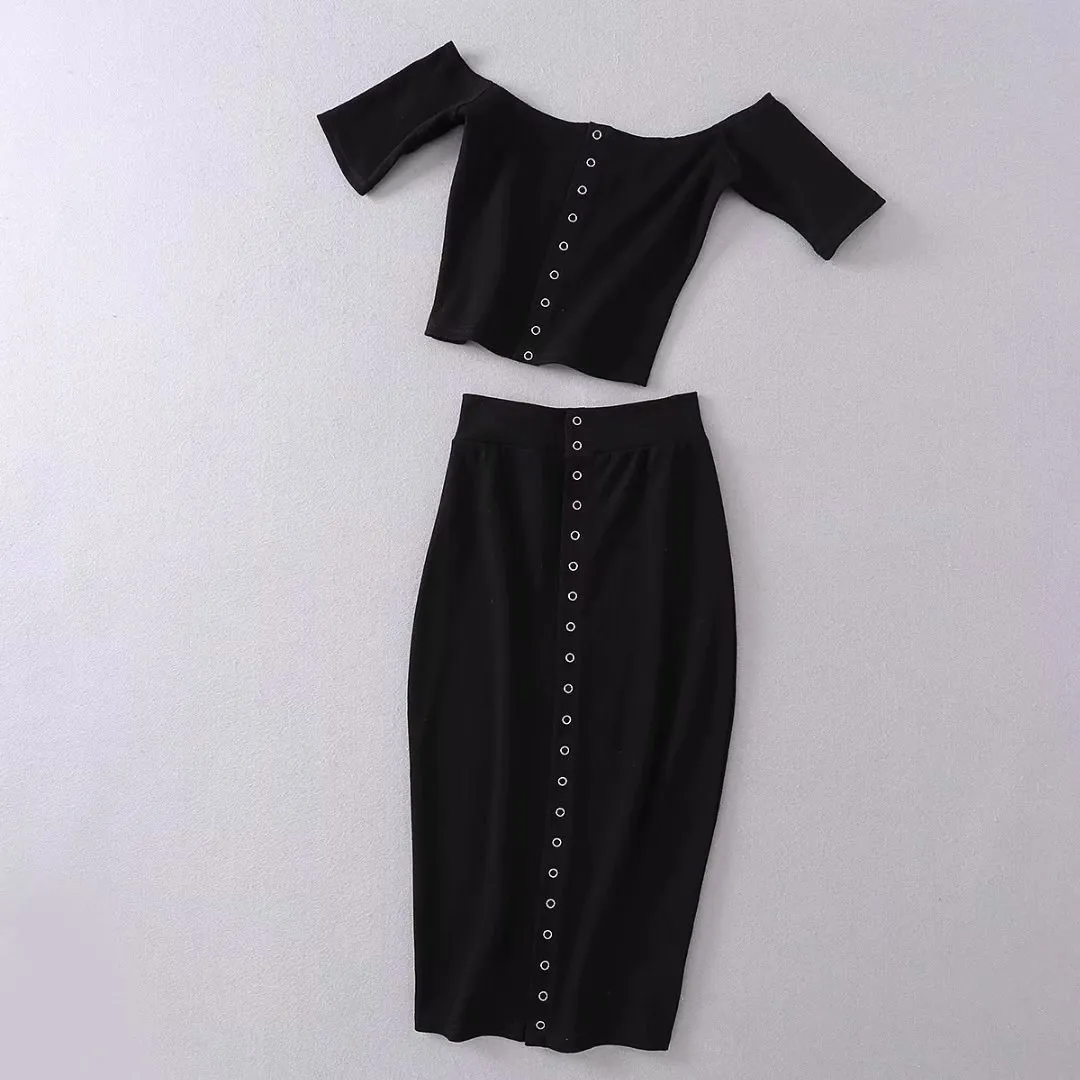 

2018 Solid Knitted Front Button 2 Piece Set Women Suit Slim Bodycon Crop Top And Skirt Set Summer Outfit Two Piece Set