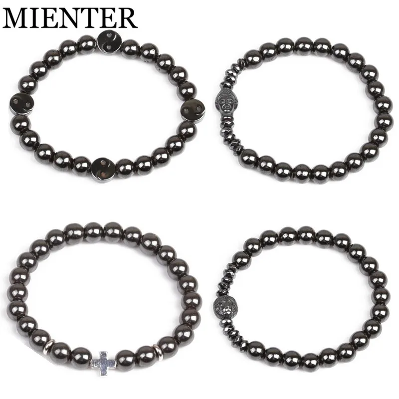 Yin Yang Gossip Lion head Buddha cross sport Fitness Hematite bracelet for men women CZ Set
