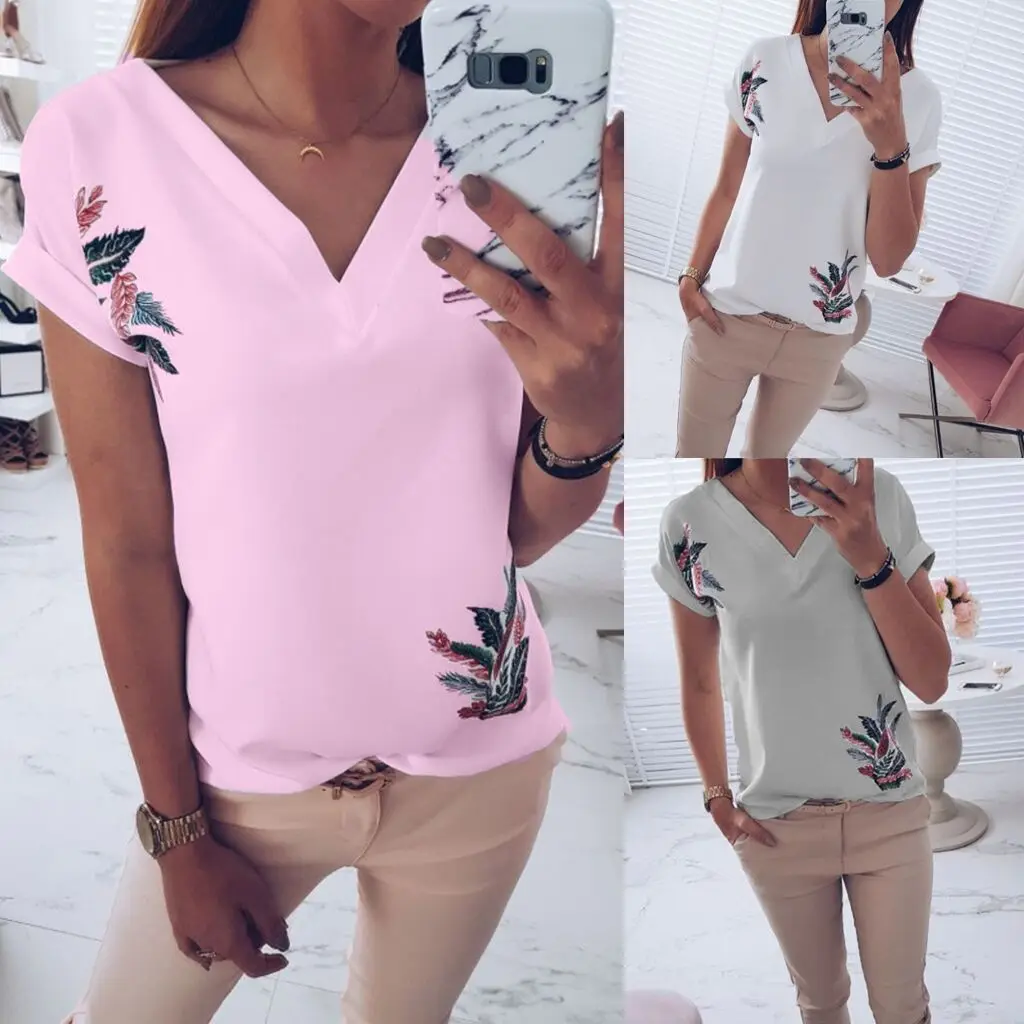 Feitong летние женские рубашки Модные женские топы с v-образным вырезом и коротким рукавом с принтом модная женская повседневная одежда футболки