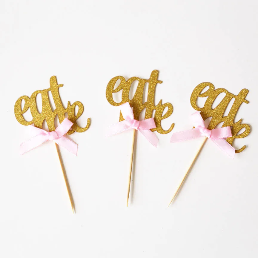 Eat me Cupcake toppers, 24 набора золотого чая вечерние украшения, съедайте меня с ленточным бантом, вечерние украшения Алисы в стране чудес