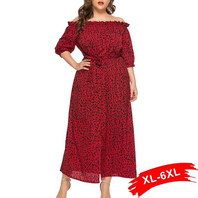 

Plus Size Off Shoulder Leopard Print Summer Long Dress 4Xl 5Xl 6Xl Streetwear Front Split Self Tie Sash Holiday Beach Dresses