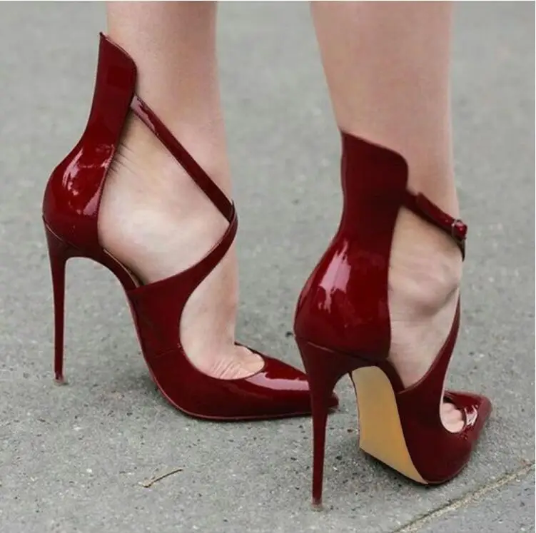 

YX GIRL Latest New Wine Red Patent Leather Pumps Extreme High Heels Office Lady Cross Strap Pointed Toe Party Dress Shoes Women