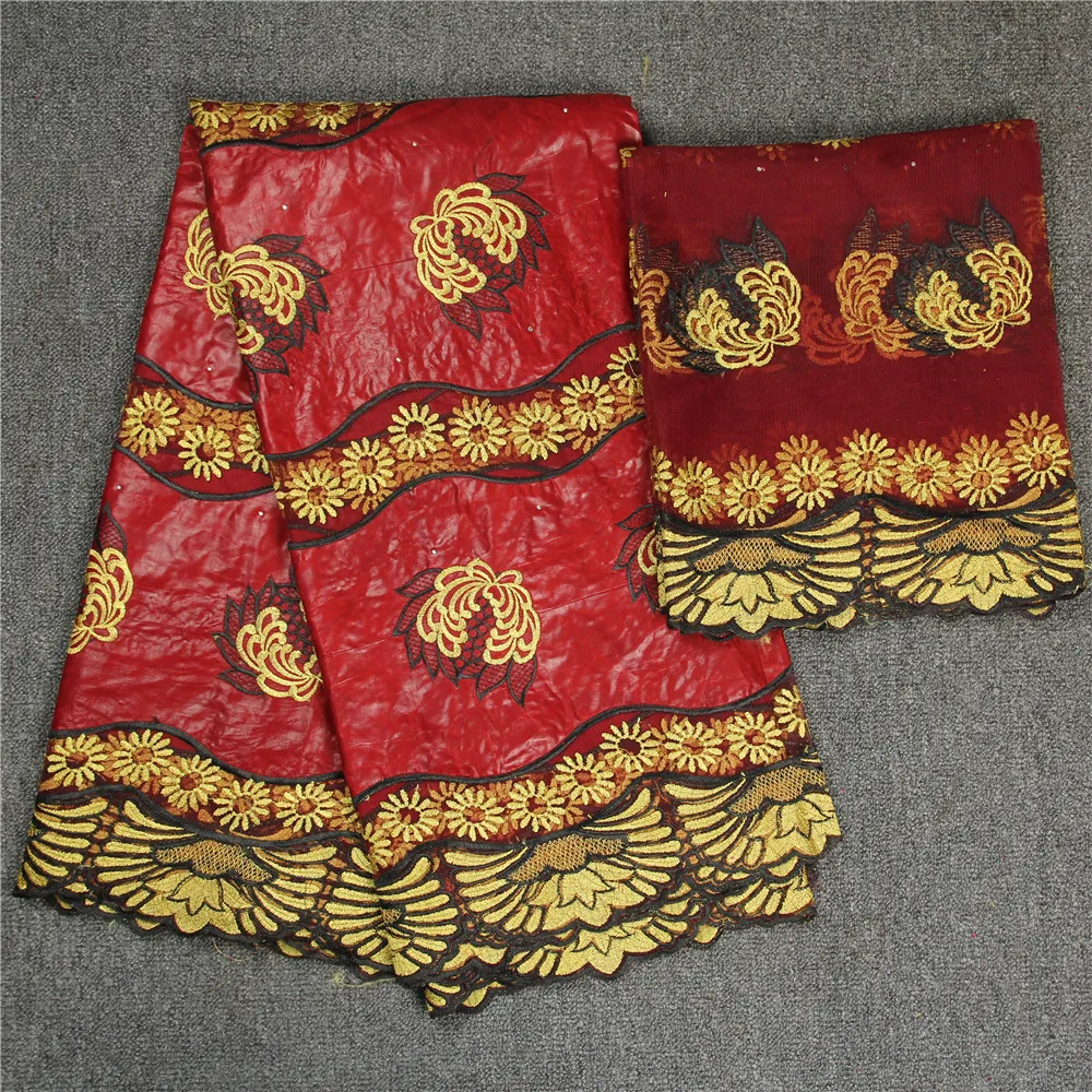 

HFX 2018 New arrival red African Bazin Riche Getzner fabric with Embroidery lace for dress GF250-1