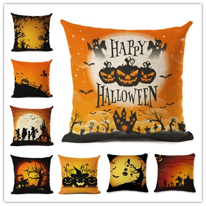 

Halloween Ghost Witch Pumpkin Pillowcases Seat Sofa Pillow Cover Linen Cotton Square Green Cushion Cover for Home Decoration