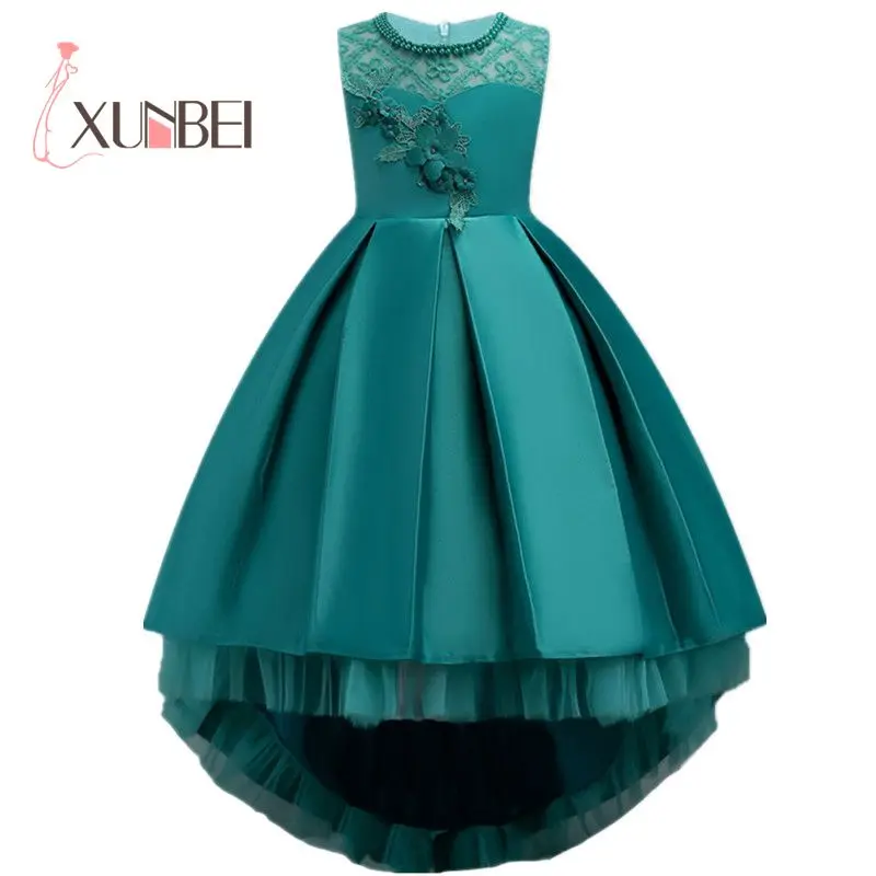 

High Low Green Girls Pageant Dresses With Pears Tulle Flower Girl Dresses Kids First Communion Dresses Evening Party Gowns