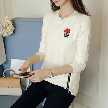 

new fashion sweater women's clothing embroidery sweaters top coat embroidery rose zipper decor o neck knitwear girl clothes
