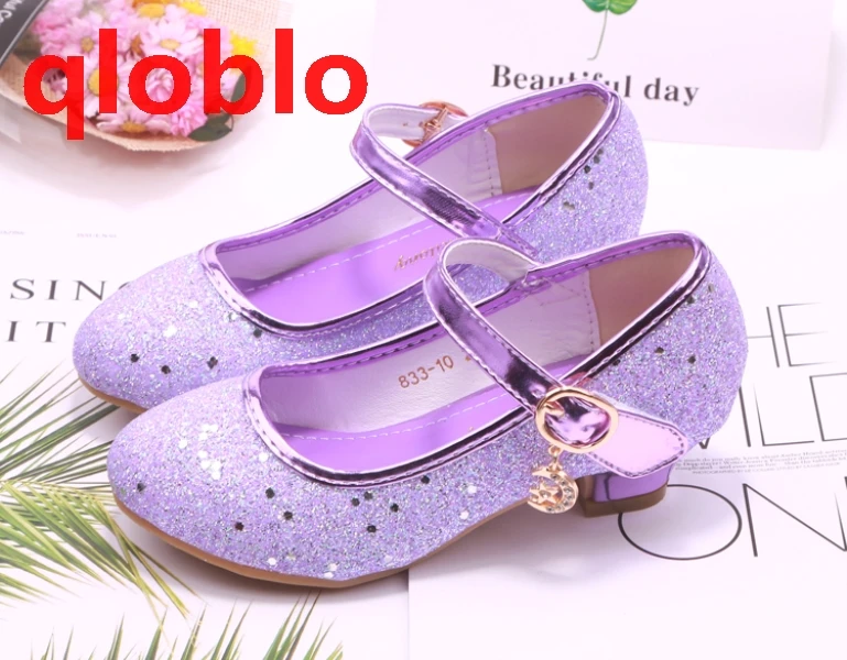 qloblo Kids Girls Wedding Shoes Children Princess Sandals High Heels Dress Shoes Shoes For Girls - Цвет: Фиолетовый