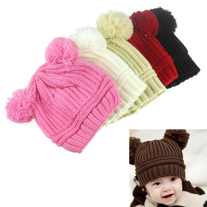 

2019 New Cute Baby Kids Girl Boy Dual Balls Warm Winter Knitted Cap Hat Beanie