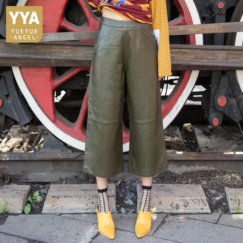 

New Brand Ankle Length Genuine Leather Pantalones Mujer Fashion Streetwear High Quality Sheepskin Women Wide Leg Pants Plus Size