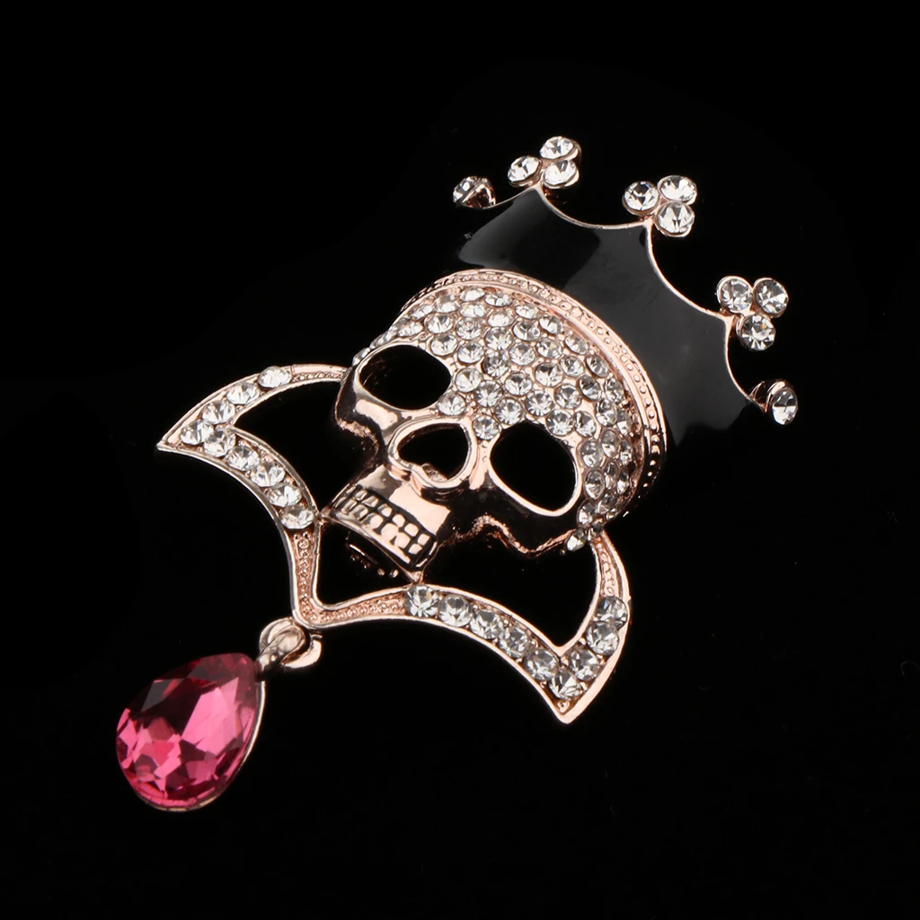 Punk Hollow Rhinestone Inlay Enamel Crystal Crown Skull Head Pin Corsage Brooch Personality Jewelry for Women 