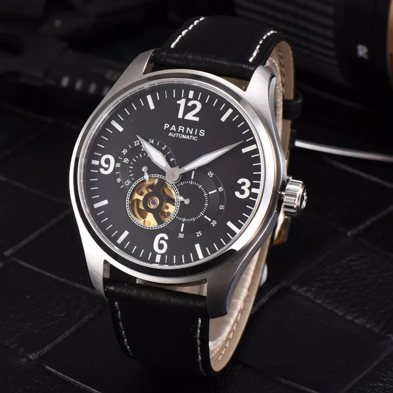 

Newest 2017 Fashion Automatic Watch Men Skeletons Parnis Luminous Leather Men's Mechanical Skeleton Watch 12/24 Hour Second Dial