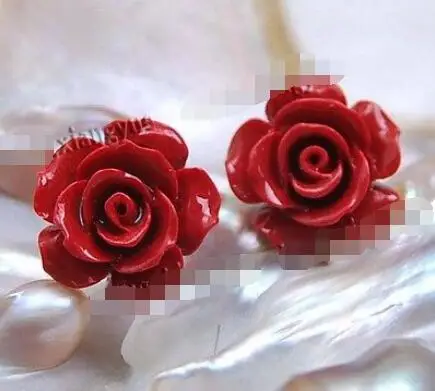 

Shipping >>>> new hot 15mm Red Sea Coral Carved Flower Earrings Silver Stud
