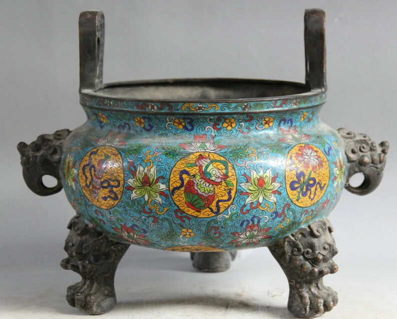 

S2278 16" Marked Chinese Cloisonne Bronze Lion Beast Head handle Incense Burner Censer D0318
