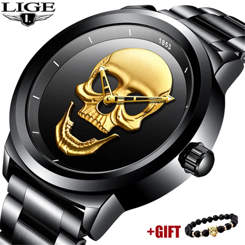 

Creativity Skull Men's Watch LIGE Top Brand Luxury Black Steel Quartz Clock Military Sports Watch Relogio Masculino Dropshipping