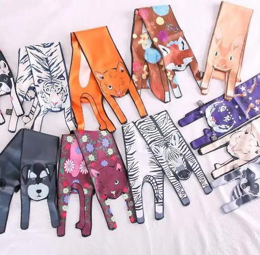 

ON-SALE 2018 New Design Silk Scarf 3D Animals Shape Cat Tiger Women Bag Child Headband Decoration Handbag Hair Wrist lady tie