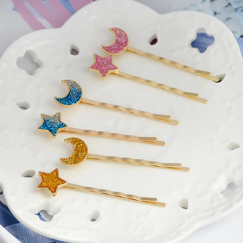

New Arrival Women Girls Hairpin Metallic One Word Hair Clips Gradient Colored Glitter Sequin Moon Star Wavy Bobby Pins Hairpins